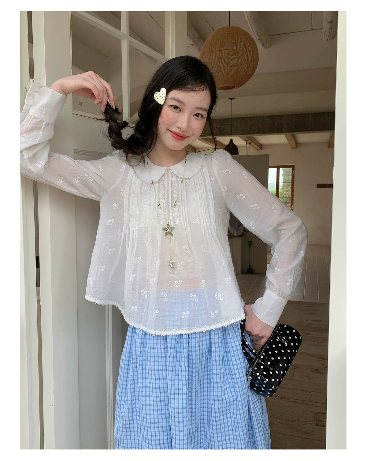[RF] “Pure Lace” White Floral Jacquard Peter Pan Collar Puff-Sleeve Blouse