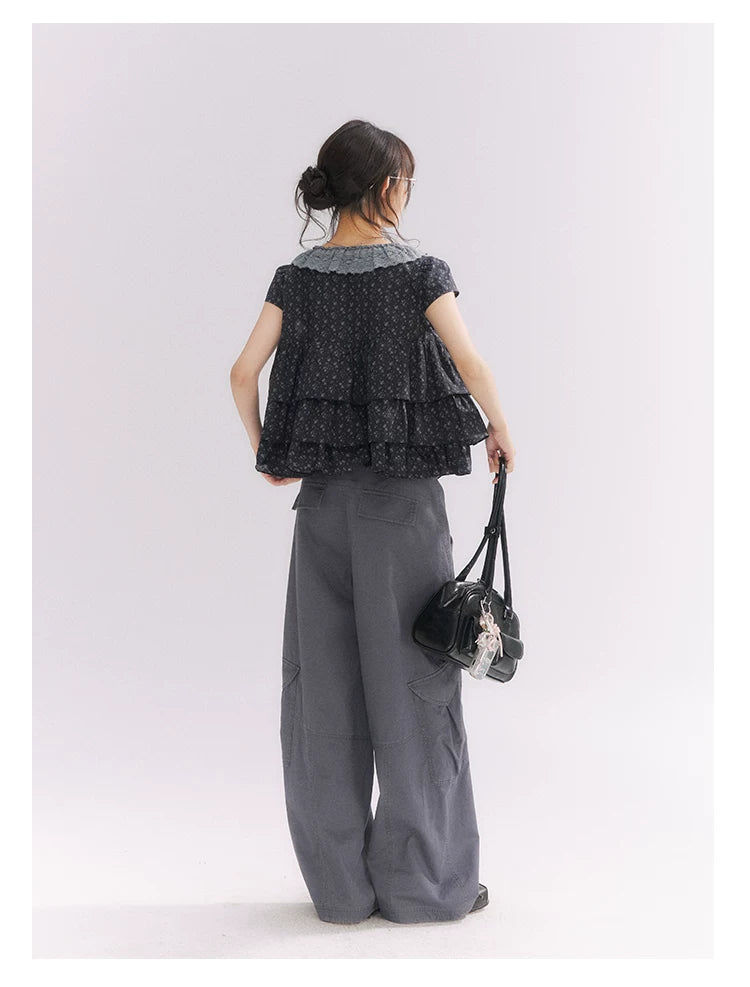 “Midnight Petal” Gray-Black Floral Top & Tiered Dress