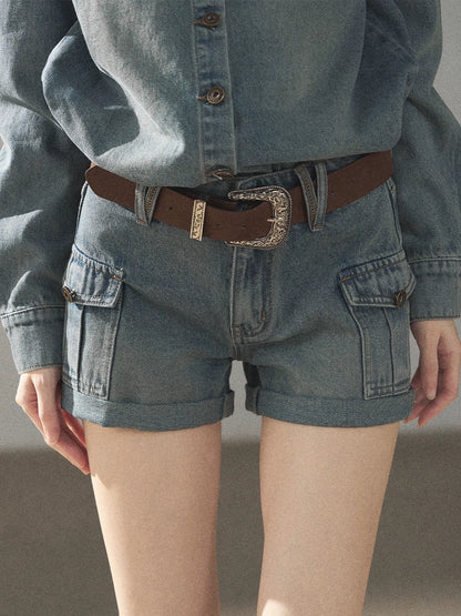 AOMALM - "Borrowed Sunshine" Vintage Blue Denim Commuter Set (Top + Shorts with Belt)