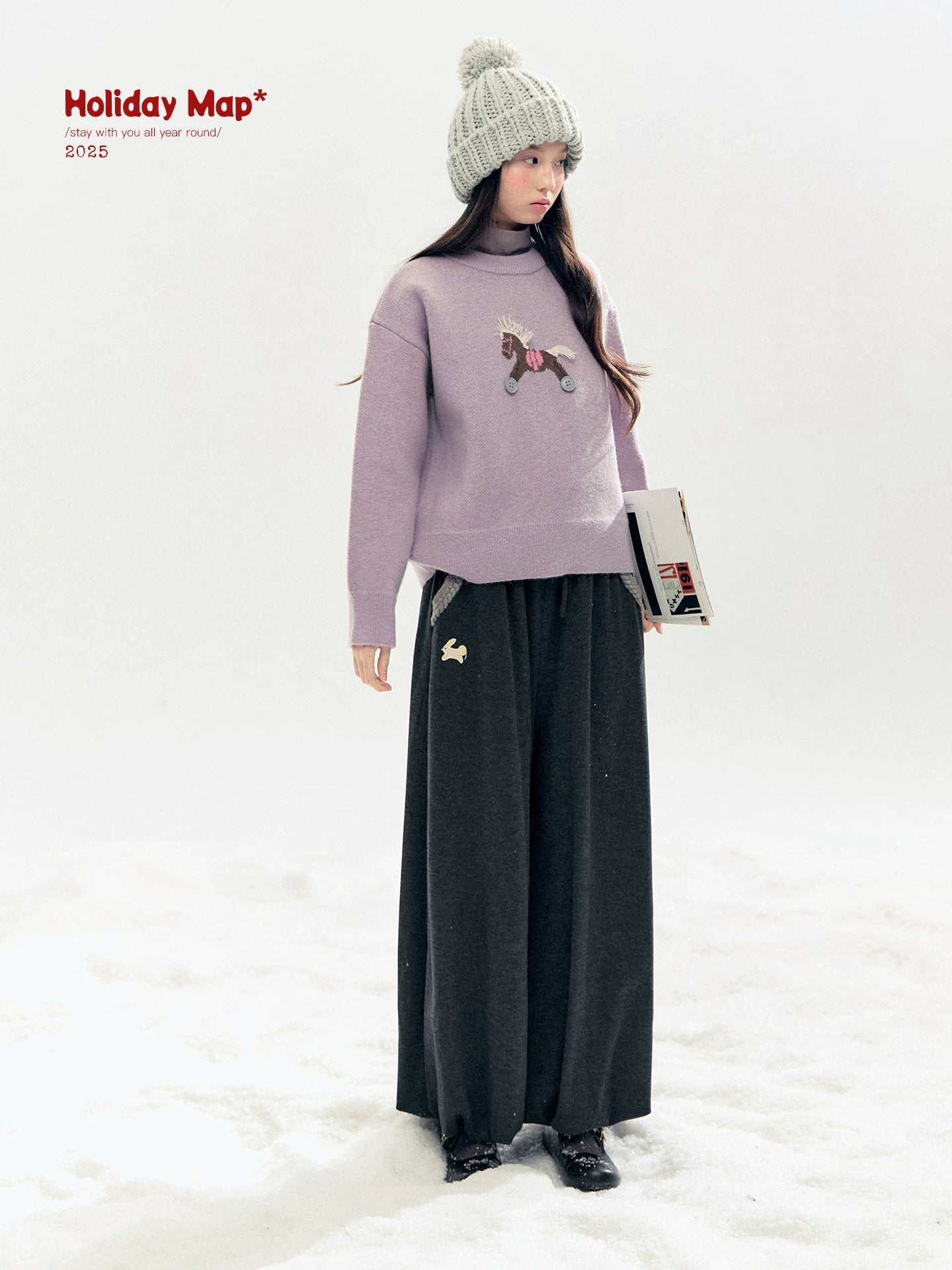 "Bunny Tea Party" Fleece-Lined Balloon Wide-Leg Pants (Hazelnut Brown/ Midnight Gray)