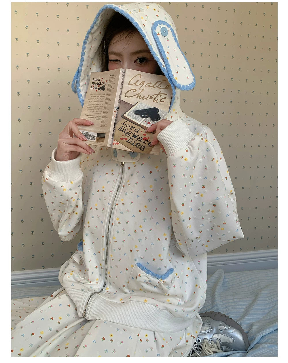 “Snow Bunny Reverie” Ivory Rabbit Ear Hoodie & Floral Pleated Mini Skirt