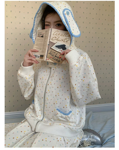 “Snow Bunny Reverie” Ivory Rabbit Ear Hoodie & Floral Pleated Mini Skirt