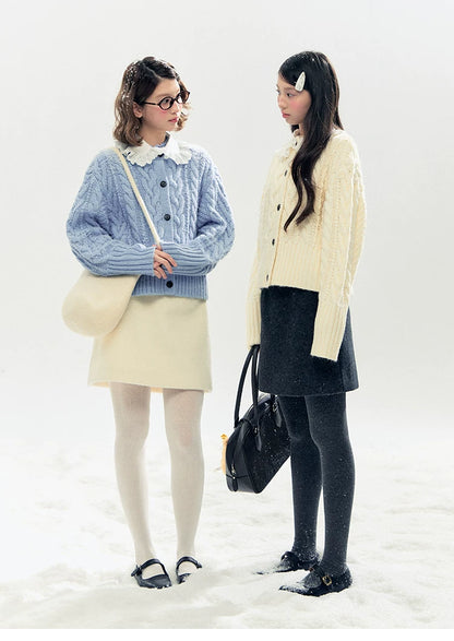 "Cotton Mousse" Cable Knit Cardigan with Detachable Ruffle Collar (Cotton Blue/ Soft White)