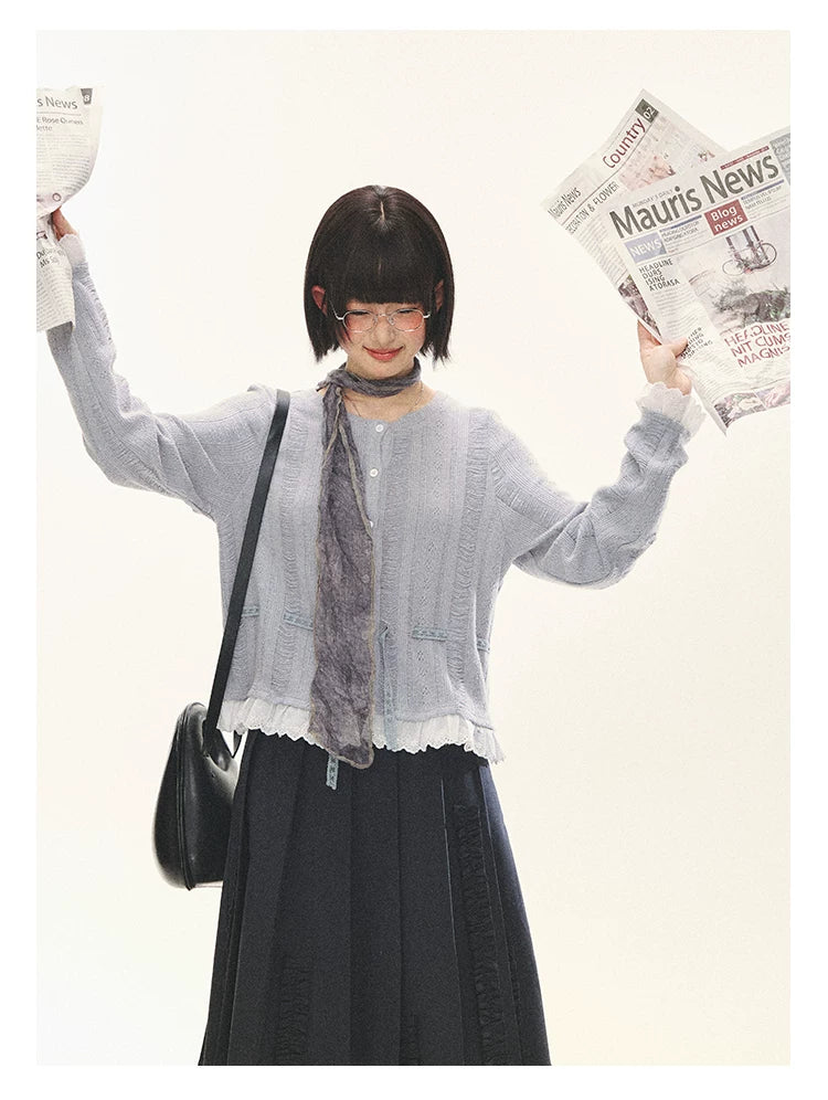 "Wisteria Whisper" Open-Knit Lace Tie Cardigan (Wisteria/ Ivory)