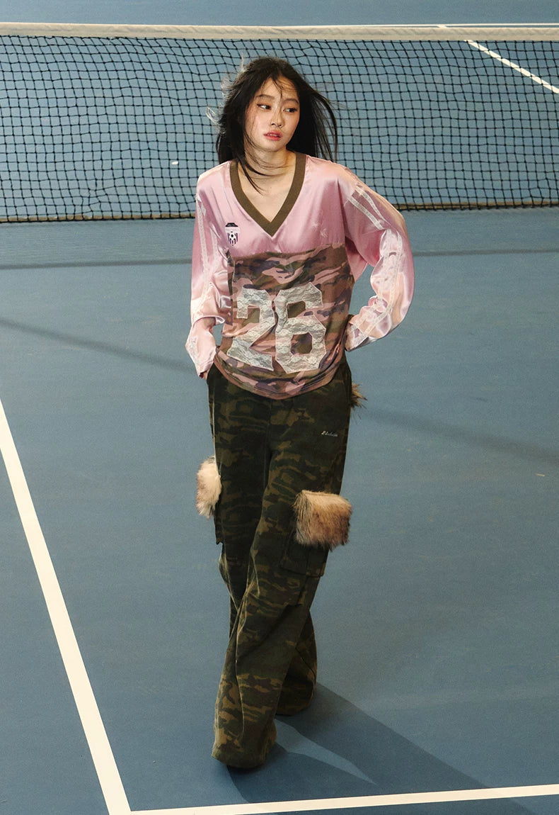 JN's DESIGN - Vintage Camo Wide-Leg Cargo Pants with Faux Fur Pockets