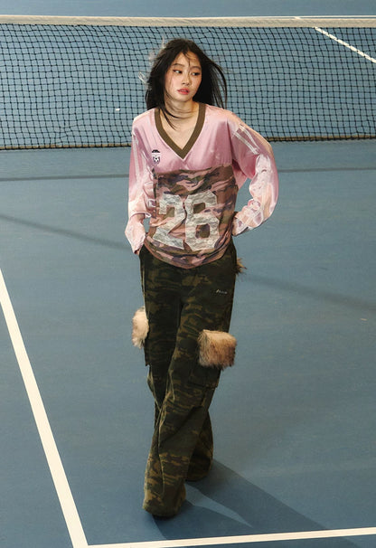 JN's DESIGN - Vintage Camo Wide-Leg Cargo Pants with Faux Fur Pockets