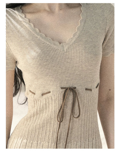 "Whispering Evening Breeze" Oatmeal Knit Lace Bodycon Mini Dress 4534854