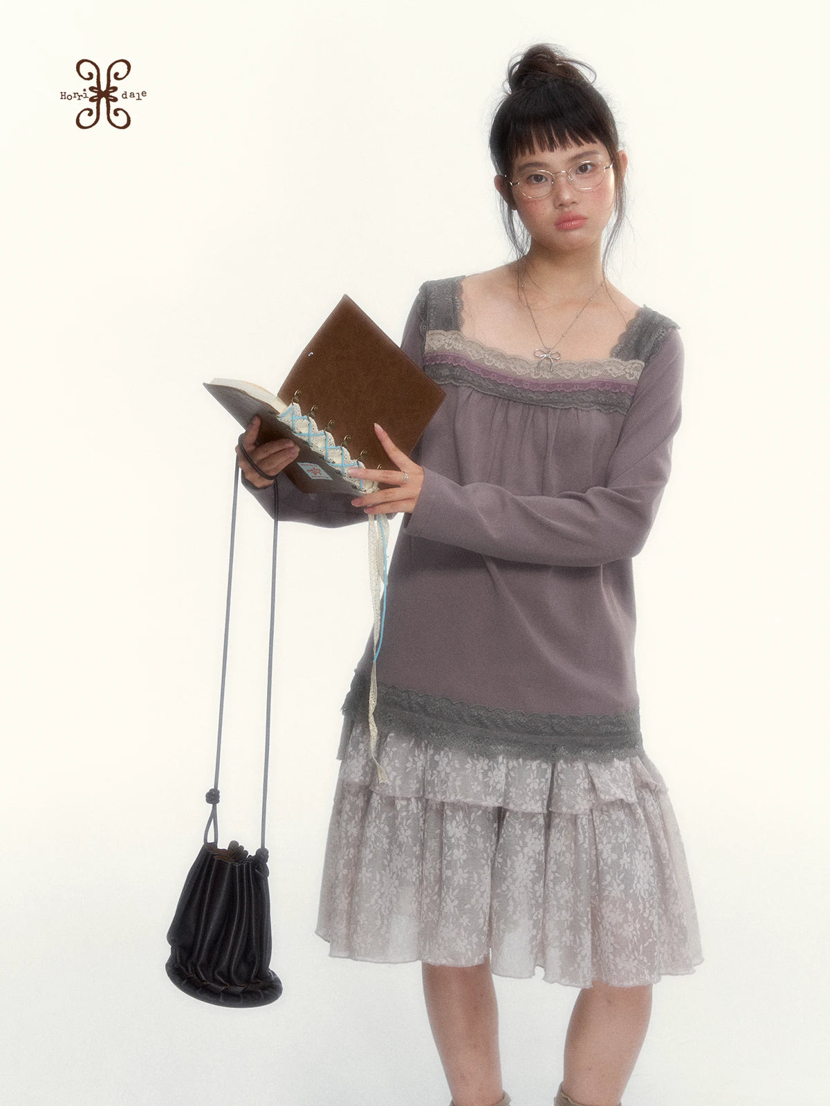 Gray Purple Lace-Trimmed Square-Neck Long-Sleeve T-Shirt