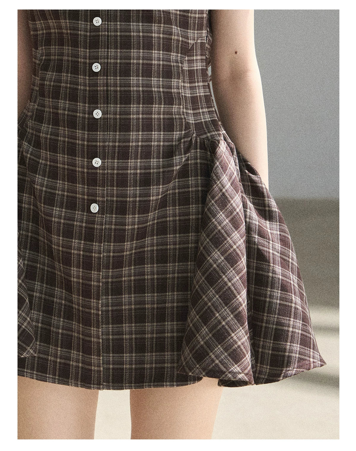 "The Camphor Tree in Late May" Chestnut Brown Plaid Peter Pan Collar Babydoll Mini Dress
