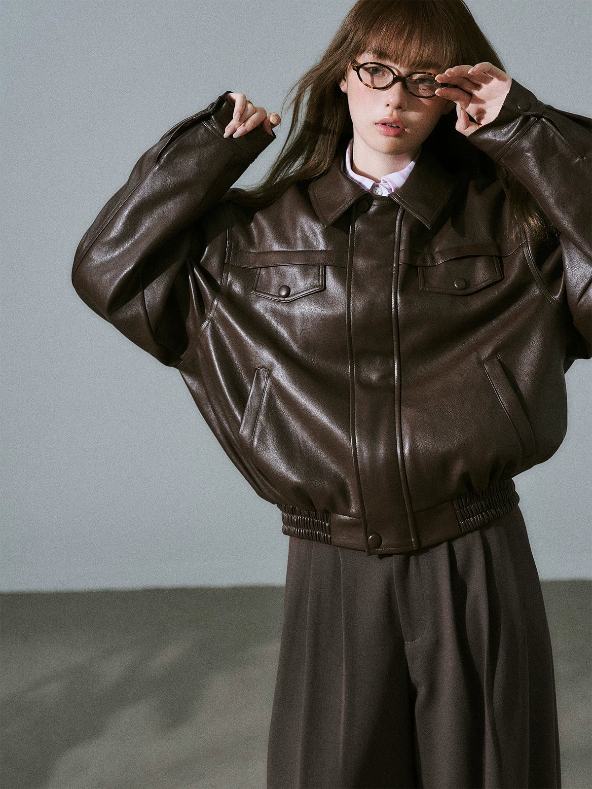 LOST FOREST - Pink-Brown Faux Leather Moto Jacket with Plaid Wool Collar