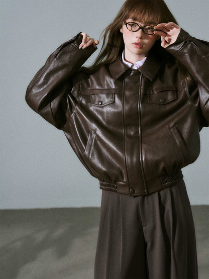 LOST FOREST - Pink-Brown Faux Leather Moto Jacket with Plaid Wool Collar