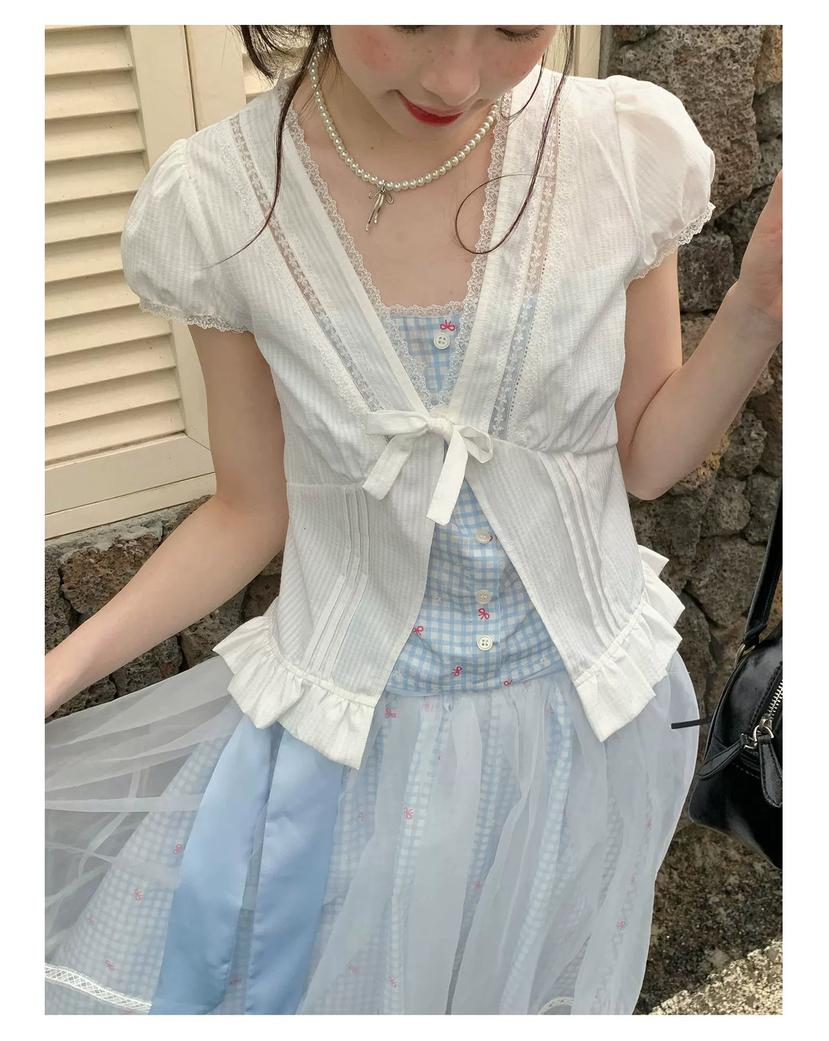 [RF] “Sweet Bluebell” Light Blue Plaid Lace-Trim Three-Piece Set