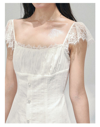“Summer Tide Reverie” Lace Trim Puff Mini Dress