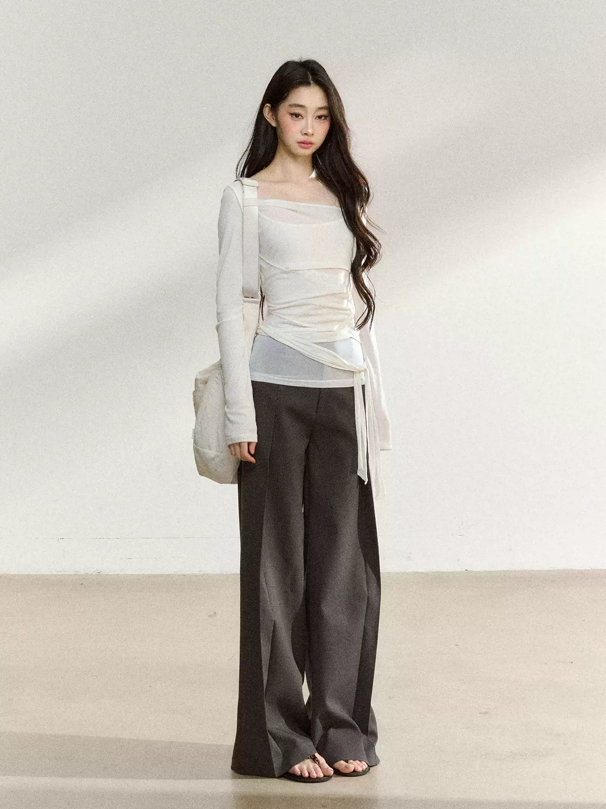 JN's DESIGN - Asymmetrical Layered Mesh Long-Sleeve Top