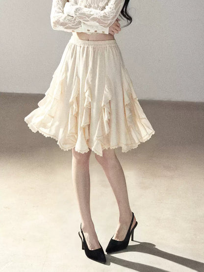 AOMALM - Cloud-Shaped French Lace Ruffle Midi Skirt – Elegant Autumn Maxi