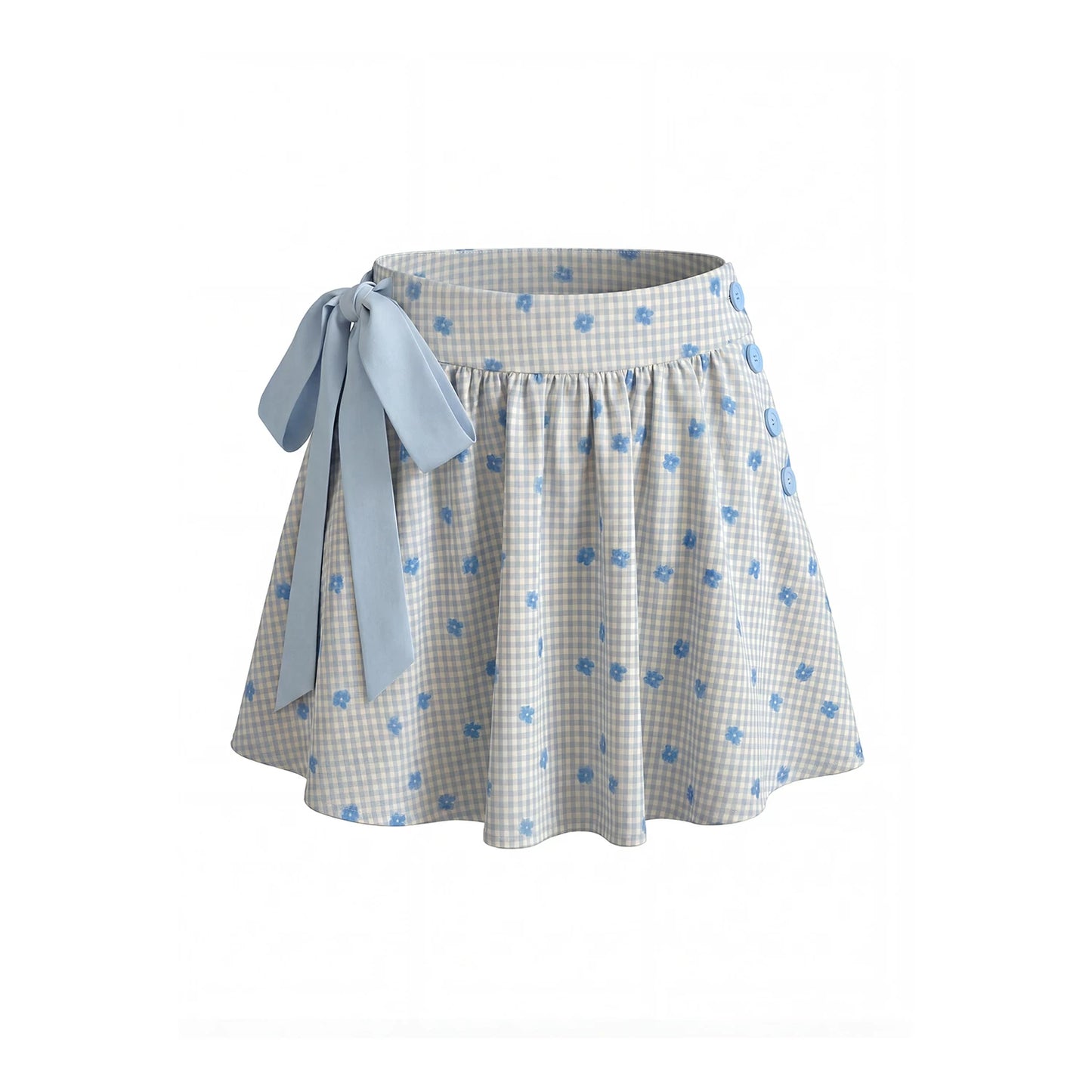 “Bluebell Letter” Light Blue Plaid Blazer Top & Ribbon Skirt