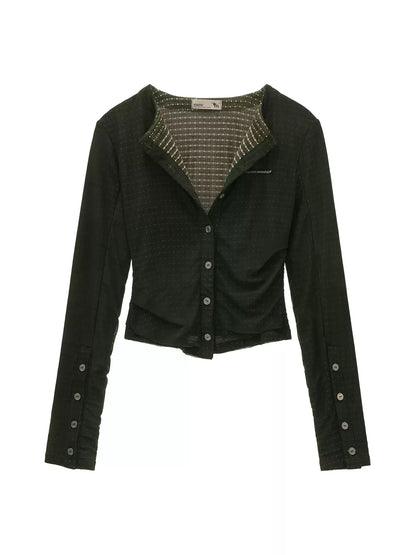 MAMC - Green Textured Jacquard Knit Cardigan with Decorative Buttons