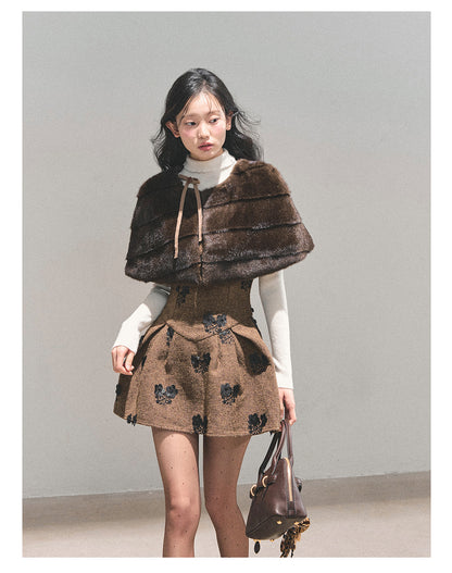 少也眼 “Whispers of Moss” Sparkle-Lined Gown with Faux-Fur Cape - Coffee/Deep Cocoa 6412124145