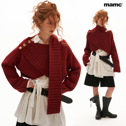 MAMC - Soft Recycled Airy Knit Cross-Neck Sweater (Red / Yellow / Ivory)