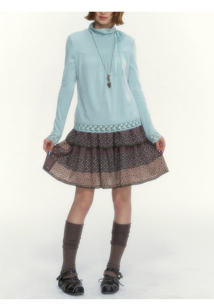 “Caramel Patchwork” Brown Patchwork Floral Plaid Lace A-Line Tiered Skirt