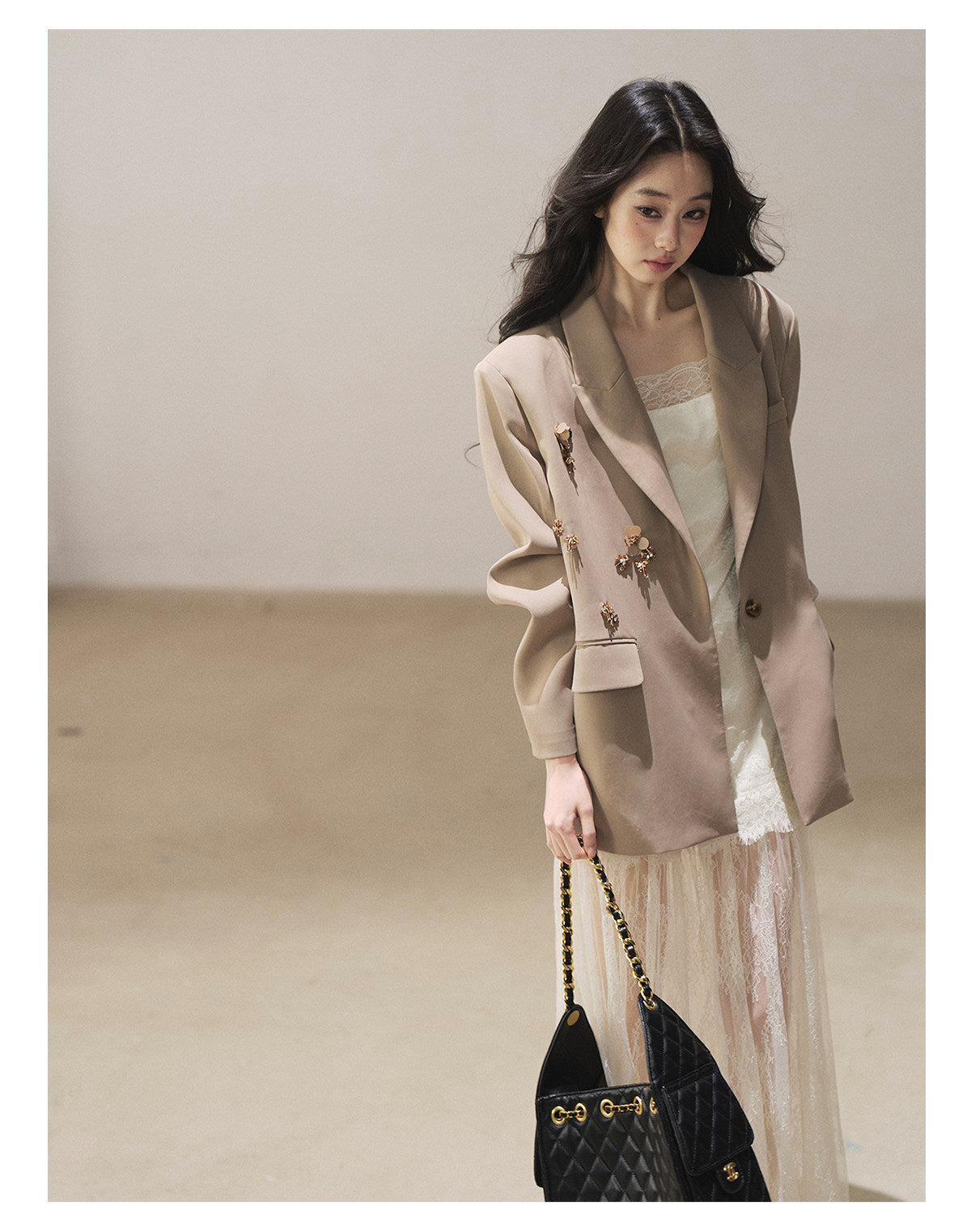 170726 "Your Open Meadow" Taupe Gray Floral Embellished Oversized Blazer