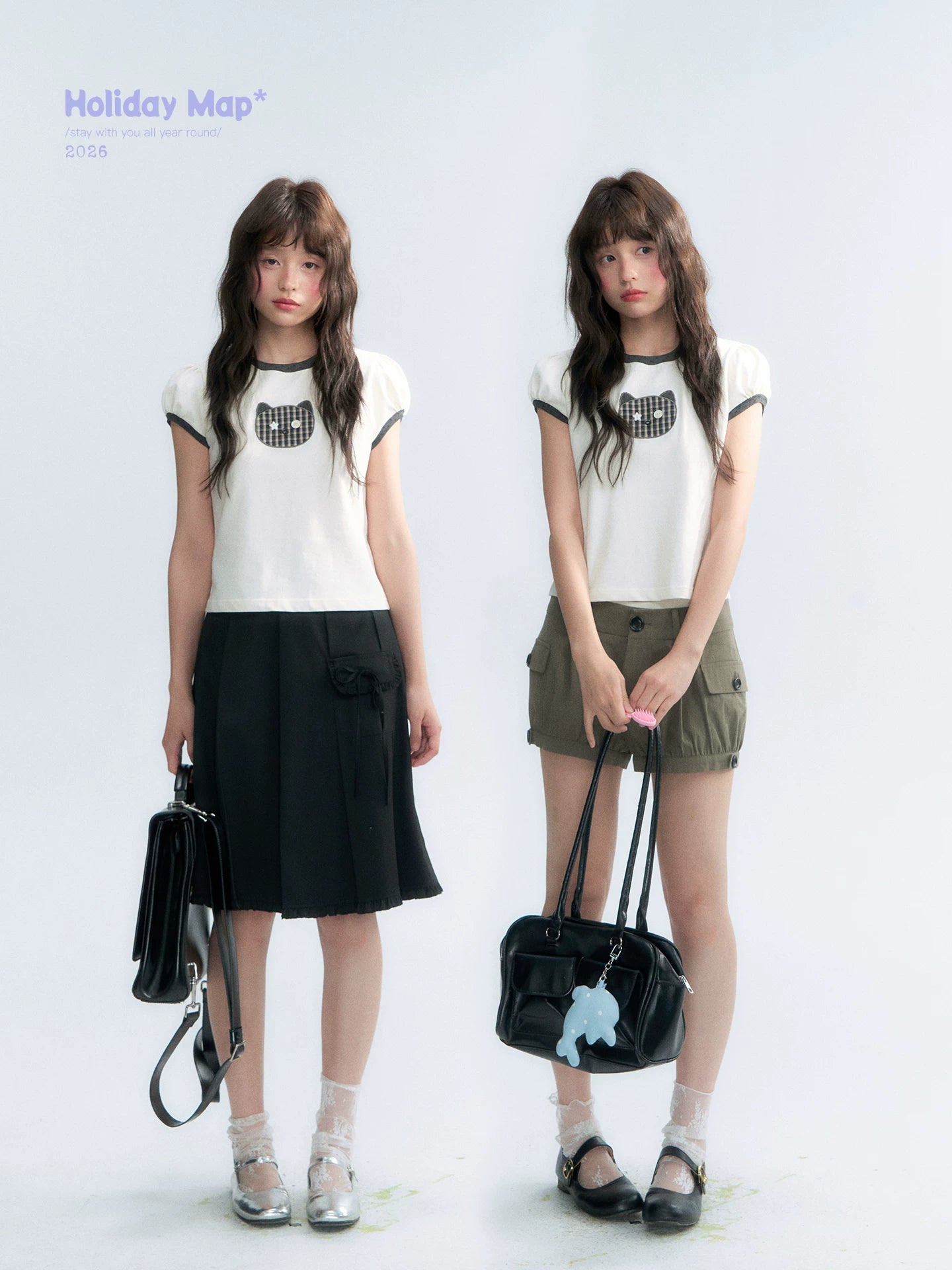 "Hide and Seek" Ivory Cat Patchwork Embroidered Puff Sleeve T-Shirt