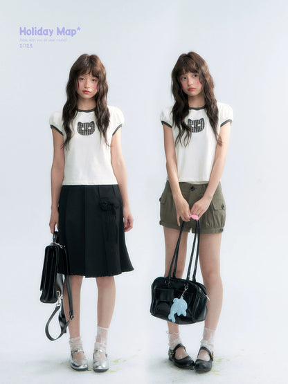 "Hide and Seek" Ivory Cat Patchwork Embroidered Puff Sleeve T-Shirt