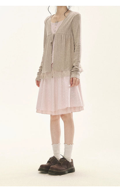 "Roasted Tea Heart" Milk Tea Faux-Layer Lace Cardigan & Skirt Set