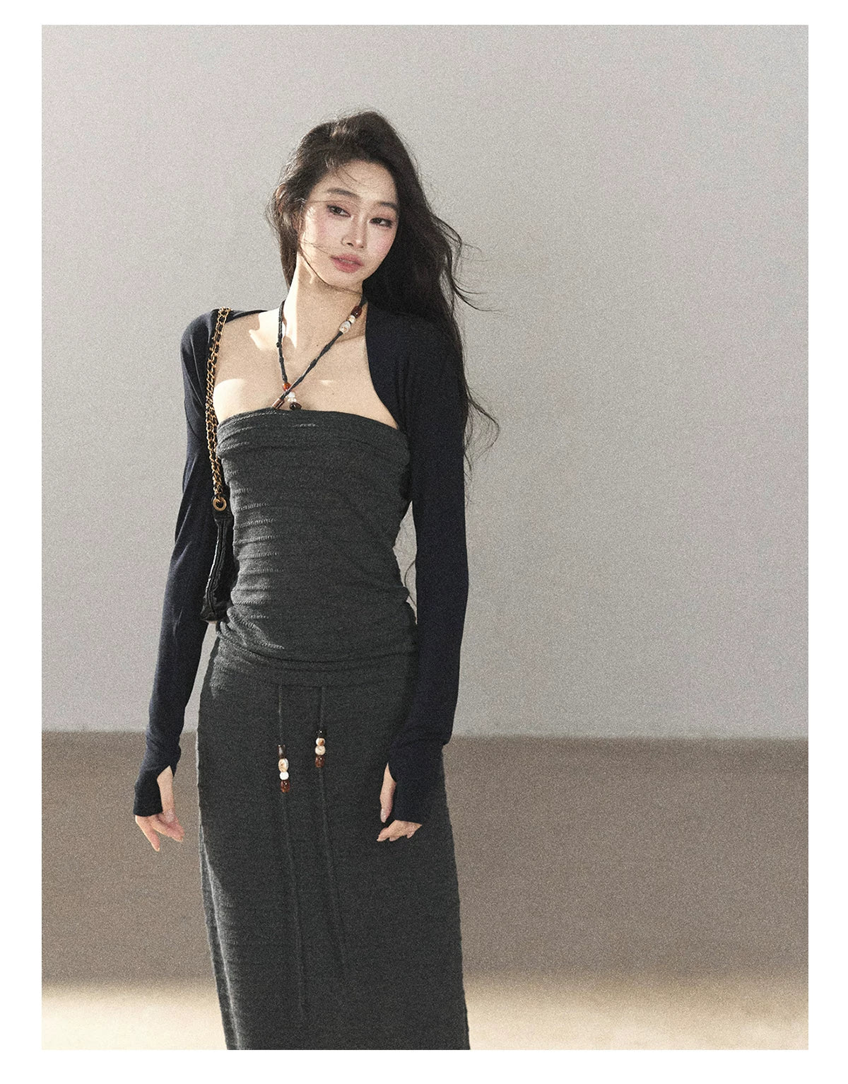 AOMALM - Whale Gray Convertible Knit Tube Top & Maxi Skirt Set