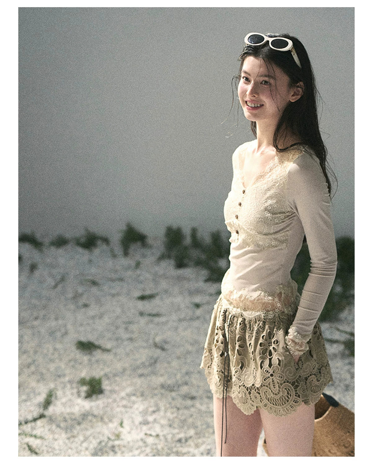 “Traces Left by the Wind” Ash Ivory Lace V-Neck Top