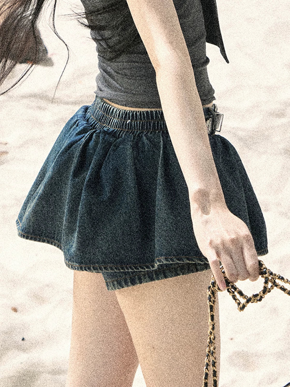 "Shimmer Across the Sea" Denim Bubble Skort (Rock Black/ Vintage Blue)