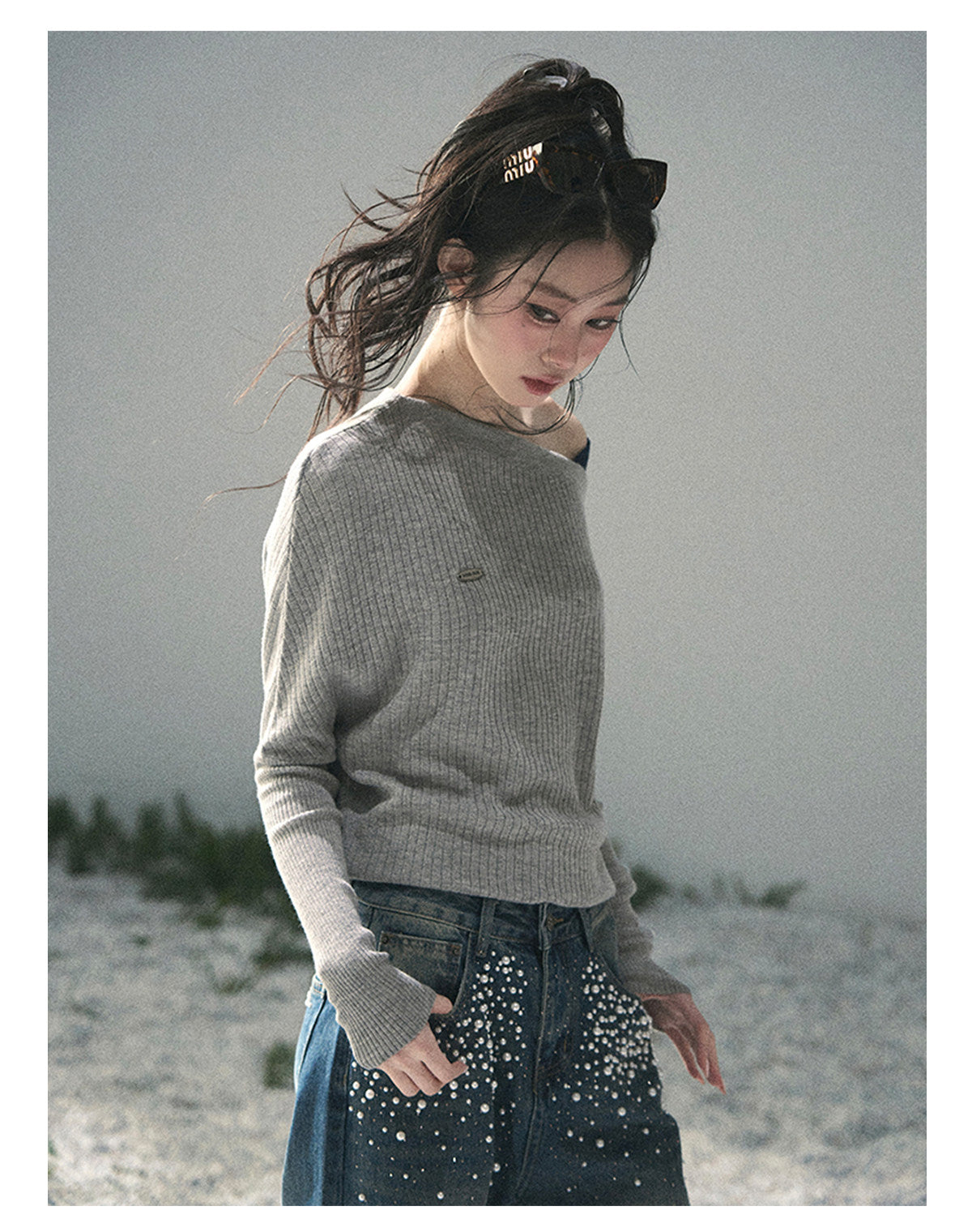 “Ashes of Yesterday” Mist Gray Off-Shoulder Layered Knit Top