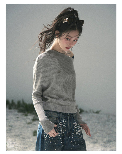 “Ashes of Yesterday” Mist Gray Off-Shoulder Layered Knit Top