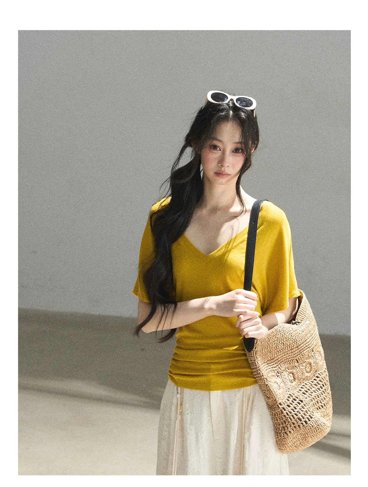 "The First Ray of Sunshine" V-Neck Crop Tee (Ginger Yellow. Creamy Apricot White)