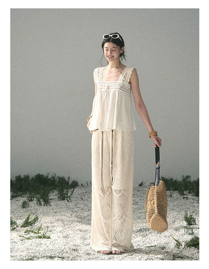 “Wandering Here” Milk Apricot Openwork Wide-Leg Pants