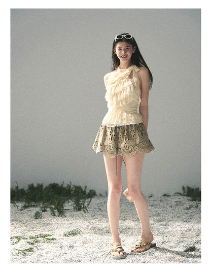 “Spring Traces in Tulle” Pale Butter Lace Halter Top