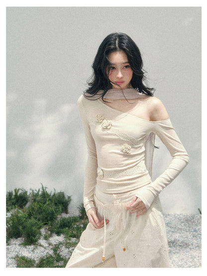 少也眼 “Rose Whisper” Asymmetrical Floral Lace Knit Top 45368753