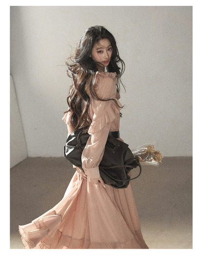 AOMALM - "Waiting for Sunset" Soft Pink French Ruffle Maxi Dress with Belt
