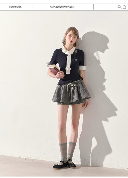 "Beyond the Classroom" Navy Layered Knit Top with Floral Tie
