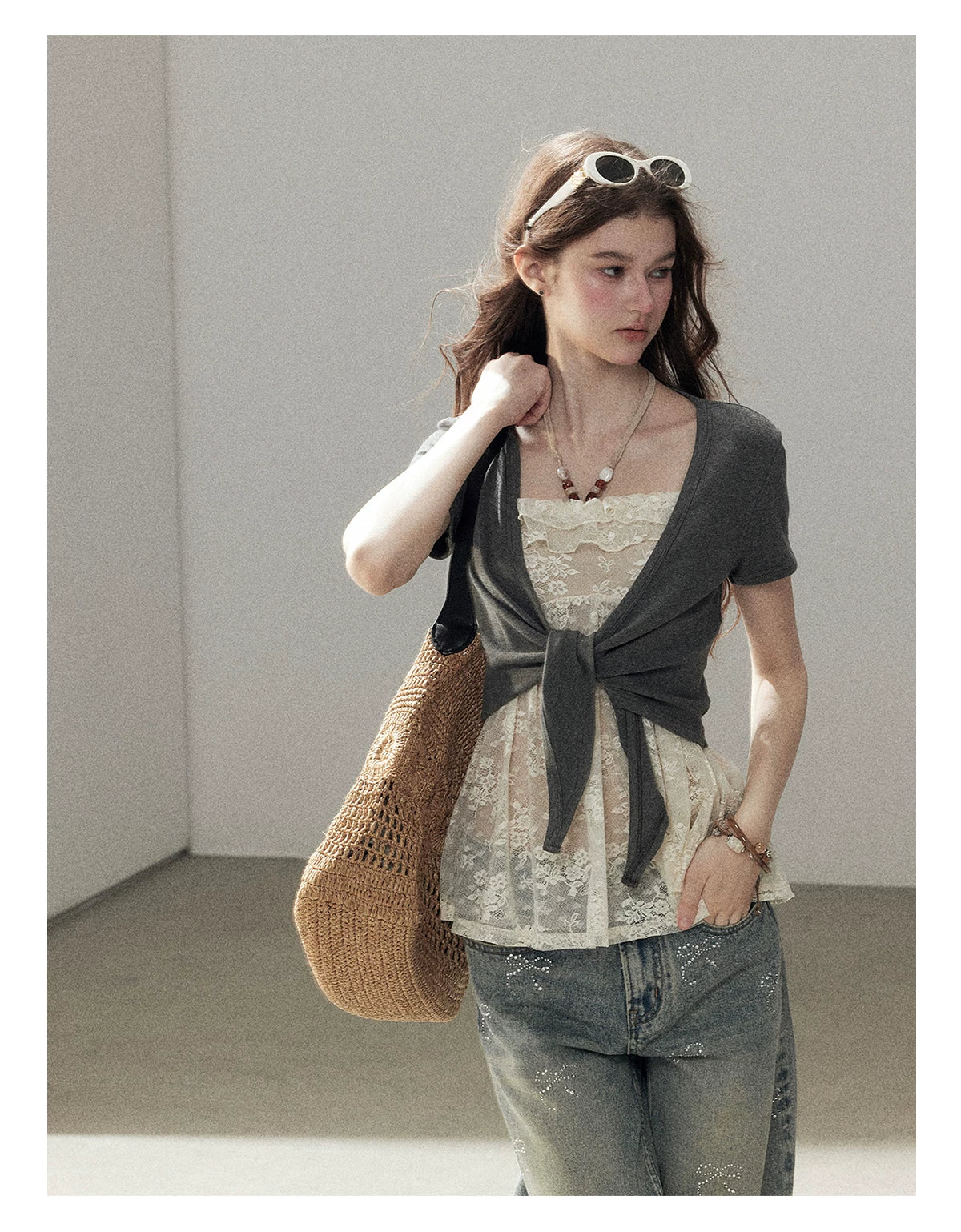 "Beyond the Morning Mist" Dutch Cream Lace Cami & Silver Mouse Gray Sheer Cardigan Set
