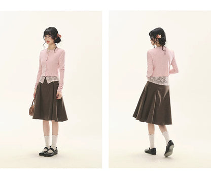 "Layered Blossom" Faux-Layer Knit Cardigan (Sakura Pink/ Heather Gray)