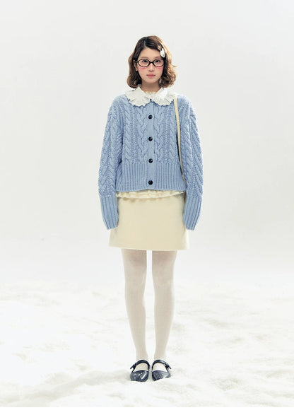"Cotton Mousse" Cable Knit Cardigan with Detachable Ruffle Collar (Cotton Blue/ Soft White)