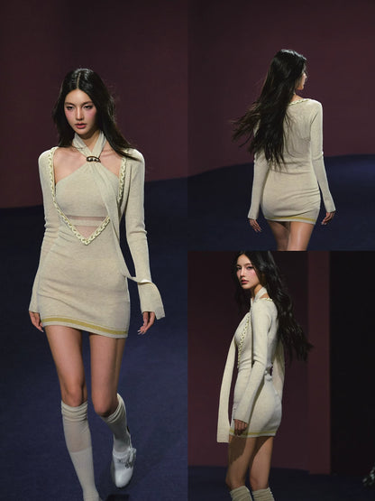"Soft Sonata" Light Apricot Layered Sheer Knit Dress
