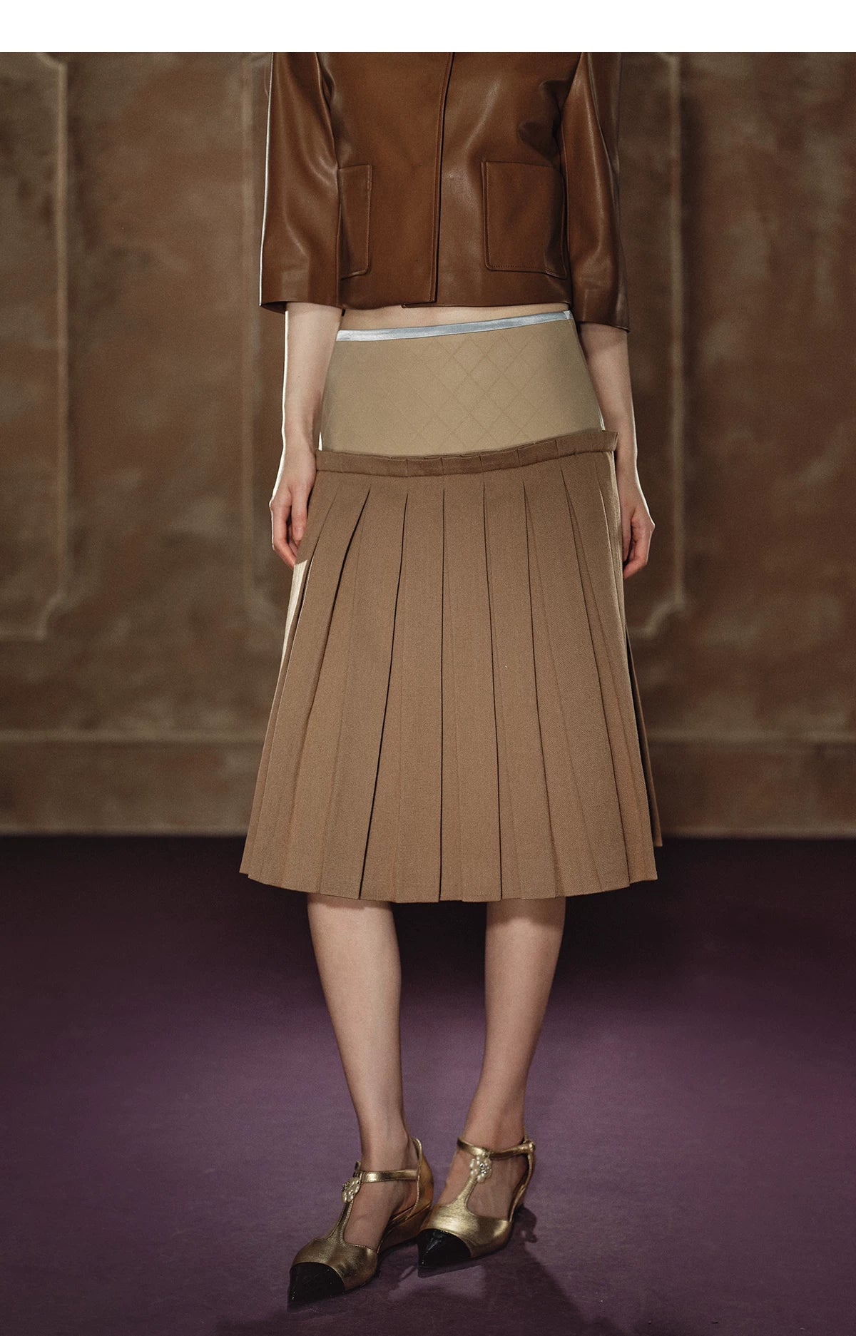 "Scholarly Muse" Khaki Faux Leather Jacket & Mixed-Media Pleated A-Line Skirt Set