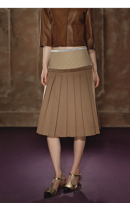"Scholarly Muse" Khaki Faux Leather Jacket & Mixed-Media Pleated A-Line Skirt Set