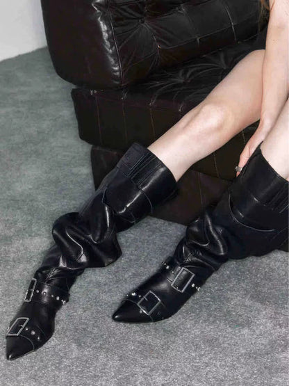 Vintage Western Slouch Knee-High Boots (Black / Ivory / Distressed Brown)