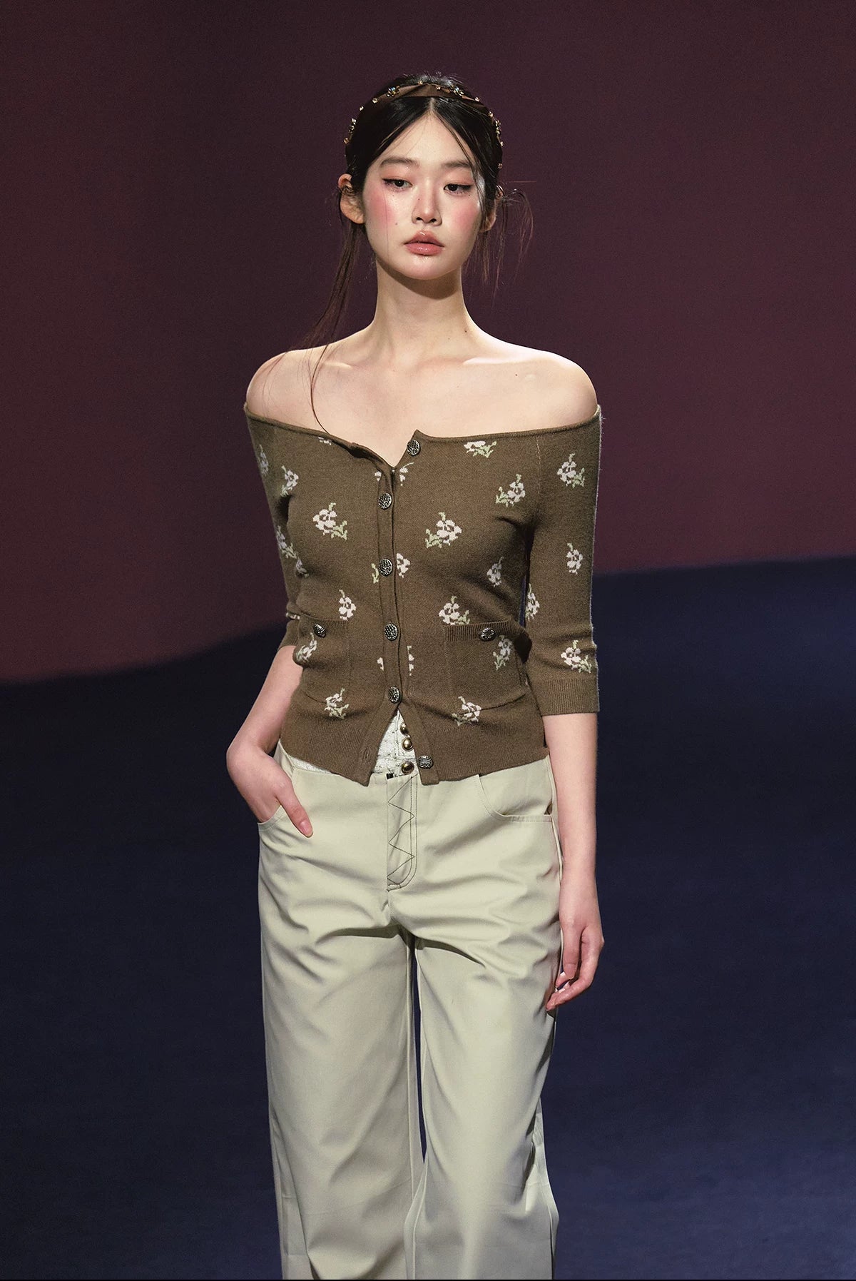Floral Mosaic Off-Shoulder Knit Top (Ivory/ Dark Brown)