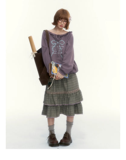 Deep Purple Bow-Tie Lettuce-Trim Off-Shoulder Sweatshirt