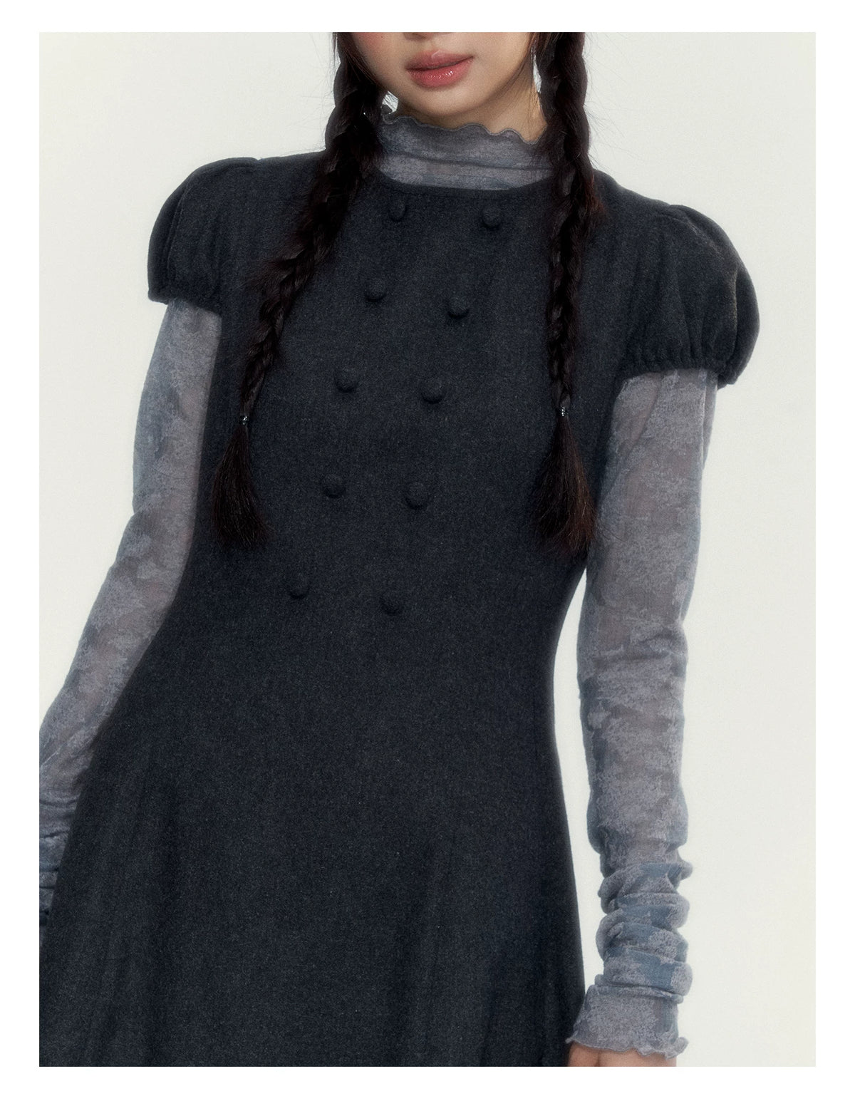 Vintage Double-Breasted Wool Dress & Knit Fringe Cape Set