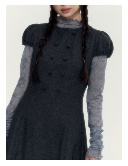 Vintage Double-Breasted Wool Dress & Knit Fringe Cape Set